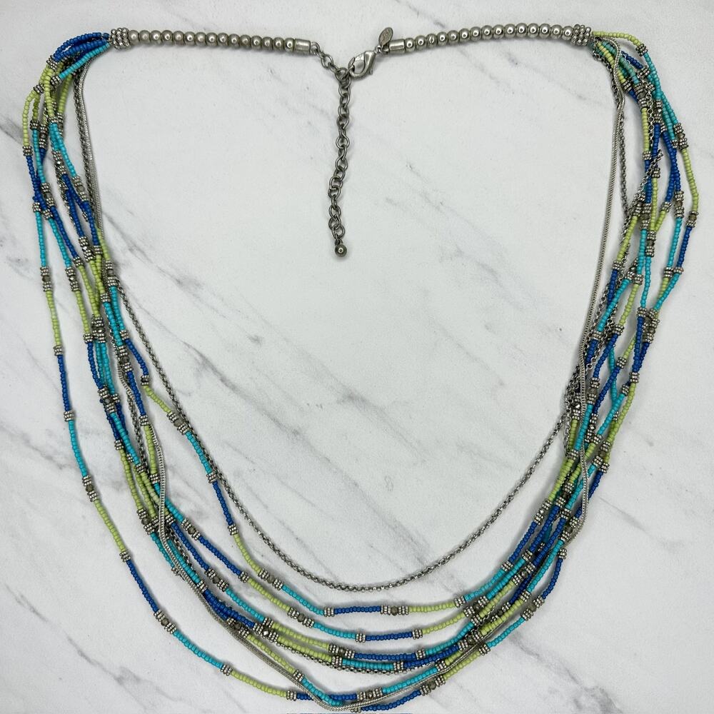 Chico's Multi Strand Seed Bead Necklace Blue Green Silver Tone Long ✨ - Picture 2 of 9